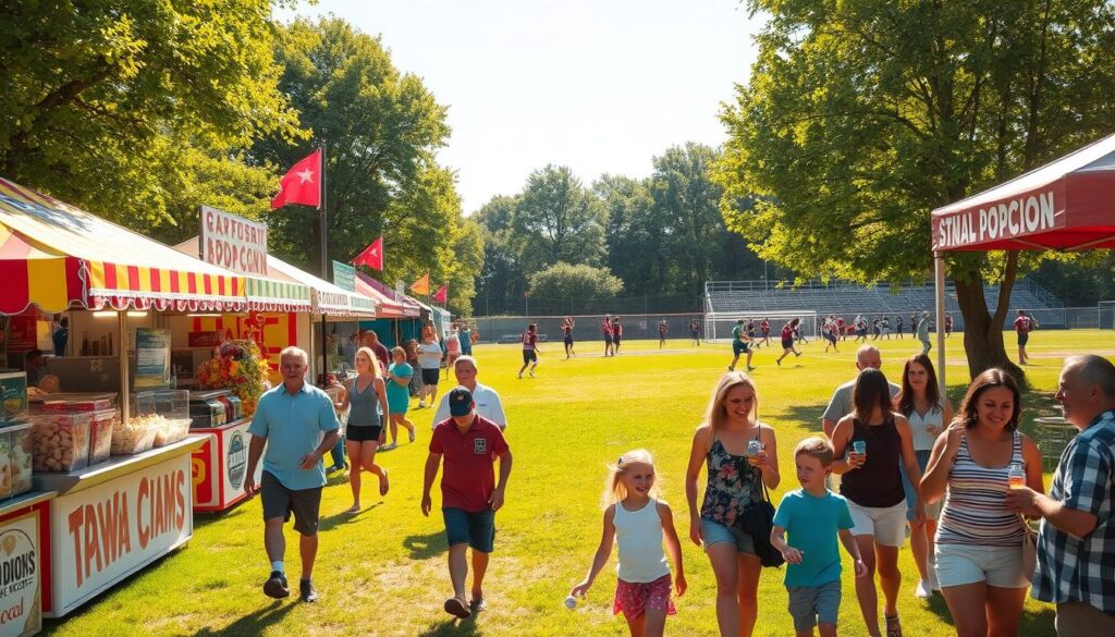 A bustling outdoor event space, brightly lit by warm afternoon sunlight filtering through lush trees. In the foreground, a row of colorful concession stands offer an array of classic fair treats - sizzling hot dogs, fluffy popcorn, and icy cold drinks. Families stroll by, laughing and chatting as they sample the delectable offerings. The middle ground features a grassy field where children play catch and parents cheer them on. In the background, the silhouettes of athletes can be seen competing on a sports field, their movements capturing the spirit of community and camaraderie. The atmosphere is lively, welcoming, and full of the energy of a cherished local event. A bustling outdoor event space, brightly lit by warm afternoon sunlight filtering through lush trees. In the foreground, a row of colorful concession stands offer an array of classic fair treats - sizzling hot dogs, fluffy popcorn, and icy cold drinks. Families stroll by, laughing and chatting as they sample the delectable offerings. The middle ground features a grassy field where children play catch and parents cheer them on. In the background, the silhouettes of athletes can be seen competing on a sports field, their movements capturing the spirit of community and camaraderie. The atmosphere is lively, welcoming, and full of the energy of a cherished local event.