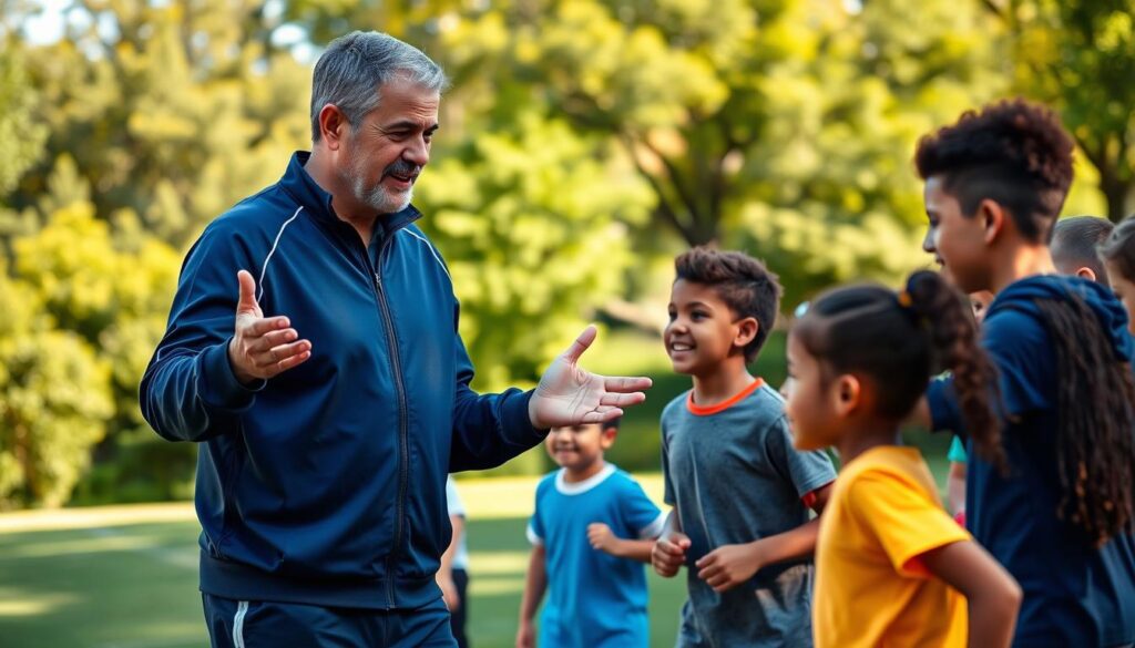 A kind, enthusiastic man in a navy blue tracksuit leading a group of diverse children in a dynamic sports practice session. Vibrant park setting with lush greenery in the background, natural sunlight casting warm shadows. The coach gesturing emphatically, demonstrating proper techniques as the young athletes eagerly follow along. Sense of camaraderie, teamwork, and positive energy permeating the scene. High-resolution, detailed, photorealistic style. A kind, enthusiastic man in a navy blue tracksuit leading a group of diverse children in a dynamic sports practice session. Vibrant park setting with lush greenery in the background, natural sunlight casting warm shadows. The coach gesturing emphatically, demonstrating proper techniques as the young athletes eagerly follow along. Sense of camaraderie, teamwork, and positive energy permeating the scene. High-resolution, detailed, photorealistic style.