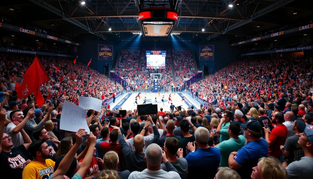 A lively crowd fills a local sports arena, their energy palpable. In the foreground, fans clad in team colors cheer and wave banners, their faces alight with excitement. The middle ground reveals a dynamic game in progress, players hustling across the court as the audience roars in support. In the background, the stadium's architecture frames the scene, with dramatic lighting casting dramatic shadows and highlights. The atmosphere is electric, capturing the spirit of a thrilling community event where competition and camaraderie collide. A lively crowd fills a local sports arena, their energy palpable. In the foreground, fans clad in team colors cheer and wave banners, their faces alight with excitement. The middle ground reveals a dynamic game in progress, players hustling across the court as the audience roars in support. In the background, the stadium's architecture frames the scene, with dramatic lighting casting dramatic shadows and highlights. The atmosphere is electric, capturing the spirit of a thrilling community event where competition and camaraderie collide.