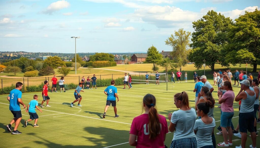 A vibrant, active outdoor sports scene showcasing a variety of club sports activities in a lively, community-focused setting. In the foreground, a diverse group of local residents enthusiastically engaged in games of soccer, basketball, and volleyball on well-maintained courts and fields. The middle ground features spectators cheering on the players, with families and friends enjoying the energetic atmosphere. In the background, a scenic park or recreational area provides a picturesque natural backdrop, with lush greenery, a clear sky, and warm, natural lighting illuminating the scene. The overall mood is one of community, camaraderie, and a shared passion for physical activity and sports. A vibrant, active outdoor sports scene showcasing a variety of club sports activities in a lively, community-focused setting. In the foreground, a diverse group of local residents enthusiastically engaged in games of soccer, basketball, and volleyball on well-maintained courts and fields. The middle ground features spectators cheering on the players, with families and friends enjoying the energetic atmosphere. In the background, a scenic park or recreational area provides a picturesque natural backdrop, with lush greenery, a clear sky, and warm, natural lighting illuminating the scene. The overall mood is one of community, camaraderie, and a shared passion for physical activity and sports.