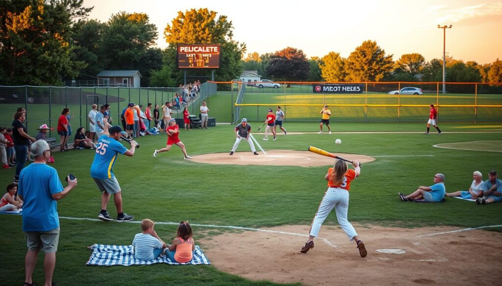 A vibrant community softball game on a sunny summer day. In the foreground, players in colorful uniforms field ground balls and swing bats with determination. The middle ground shows spectators cheering from the sidelines, families picnicking on blankets, and children playing catch. In the background, a well-maintained ballpark with freshly groomed grass and a scoreboard illuminated by warm golden hour lighting. The atmosphere is one of camaraderie, friendly competition, and the joy of an active outdoor event. A vibrant community softball game on a sunny summer day. In the foreground, players in colorful uniforms field ground balls and swing bats with determination. The middle ground shows spectators cheering from the sidelines, families picnicking on blankets, and children playing catch. In the background, a well-maintained ballpark with freshly groomed grass and a scoreboard illuminated by warm golden hour lighting. The atmosphere is one of camaraderie, friendly competition, and the joy of an active outdoor event.