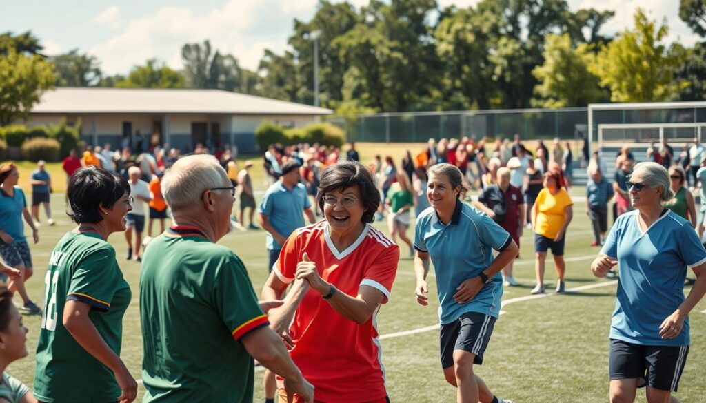 A vibrant community sports field on a sunny day, with a diverse group of adults enthusiastically engaged in various team activities. In the foreground, players in jerseys of different colors compete in a friendly match, their faces alight with determination and camaraderie. In the middle ground, spectators cheer and interact, fostering a sense of unity and shared experience. The background depicts a well-maintained facility with lush greenery, evoking a serene and inviting atmosphere. The lighting is warm and natural, capturing the energy and vitality of the scene. The camera angle is slightly elevated, providing a panoramic view that showcases the inclusive and collaborative nature of the community sports experience. A vibrant community sports field on a sunny day, with a diverse group of adults enthusiastically engaged in various team activities. In the foreground, players in jerseys of different colors compete in a friendly match, their faces alight with determination and camaraderie. In the middle ground, spectators cheer and interact, fostering a sense of unity and shared experience. The background depicts a well-maintained facility with lush greenery, evoking a serene and inviting atmosphere. The lighting is warm and natural, capturing the energy and vitality of the scene. The camera angle is slightly elevated, providing a panoramic view that showcases the inclusive and collaborative nature of the community sports experience.
