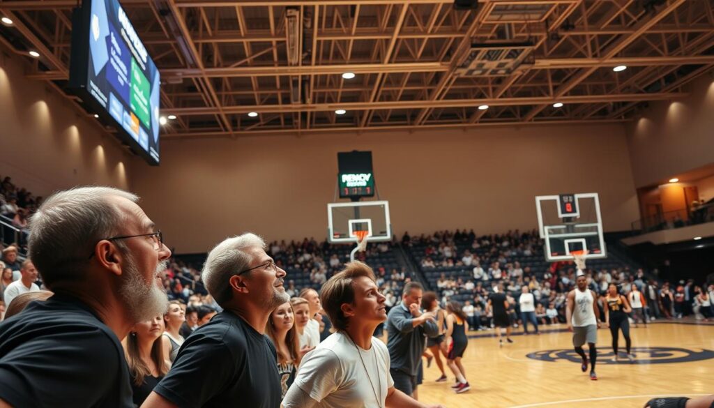 A well-lit, modern sports arena with a vibrant atmosphere. In the foreground, a group of adults enthusiastically participating in a basketball game, their faces filled with determination. In the middle ground, spectators cheering from the stands, creating a palpable energy. The background features a state-of-the-art scoreboard, sleek lighting fixtures, and a view of the arena's architecture, conveying a sense of professionalism and organization. The lighting is warm and inviting, highlighting the excitement and camaraderie of the event. The overall scene depicts a well-coordinated, community-driven adult sports competition. A well-lit, modern sports arena with a vibrant atmosphere. In the foreground, a group of adults enthusiastically participating in a basketball game, their faces filled with determination. In the middle ground, spectators cheering from the stands, creating a palpable energy. The background features a state-of-the-art scoreboard, sleek lighting fixtures, and a view of the arena's architecture, conveying a sense of professionalism and organization. The lighting is warm and inviting, highlighting the excitement and camaraderie of the event. The overall scene depicts a well-coordinated, community-driven adult sports competition.