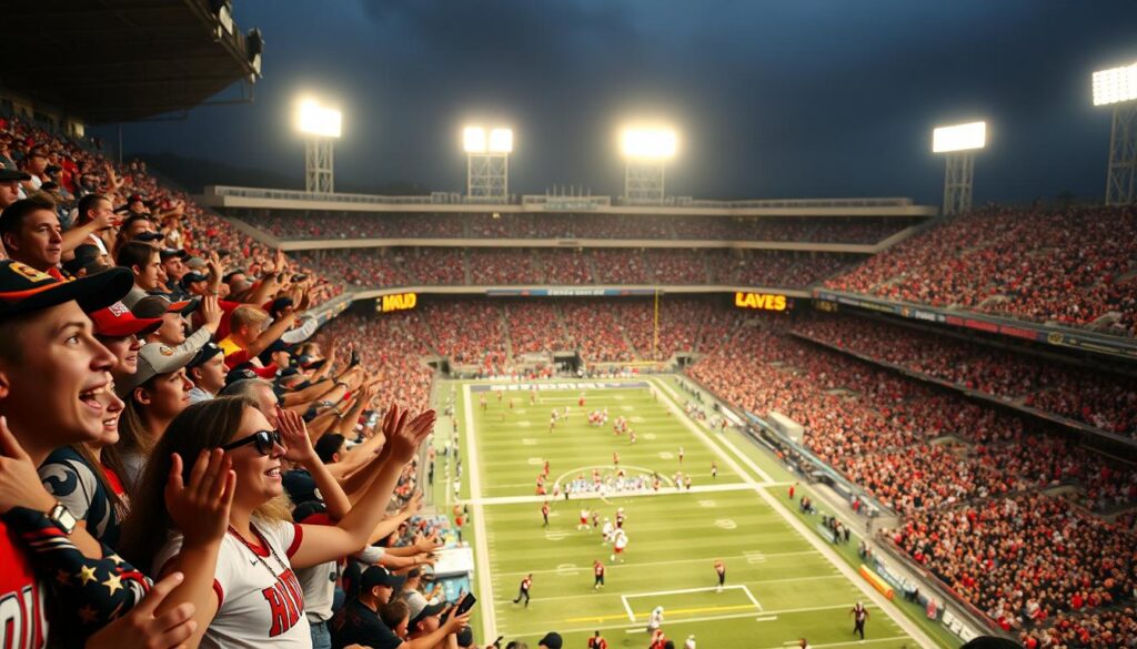 A bustling local sports stadium on game day, with enthusiastic fans clad in team colors packing the stands. In the foreground, a group of fans excitedly cheering, their faces alight with energy and passion. In the middle ground, the field comes alive with the players' dynamic movements, captured in a crisp, high-definition frame. The background is filled with the iconic architecture of the stadium, its floodlights casting a warm, golden glow over the entire scene. The atmosphere is electric, with the roar of the crowd and the rhythmic chants of dedicated supporters creating a palpable sense of community and camaraderie.