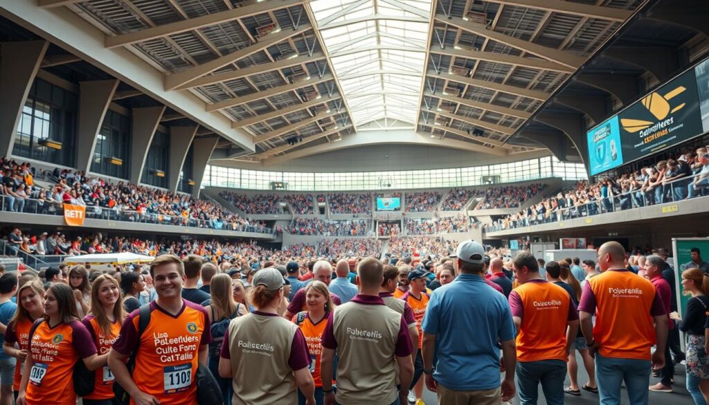 A bustling sports arena, the air alive with excitement. In the foreground, a group of enthusiastic volunteers donning vibrant team jerseys, ready to assist spectators and athletes alike. The middle ground showcases a diverse crowd of fans, some cheering passionately, others exploring vendor stalls and interactive displays. The background frames the event, with sleek, modern architecture and a sun-dappled sky overhead, creating a sense of energy and community. Soft, diffused lighting casts a warm glow, capturing the spirit of camaraderie and civic pride that permeates the scene.