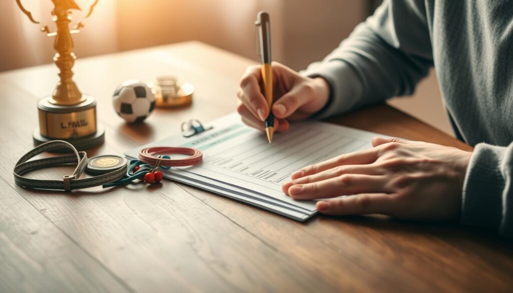 A close-up shot of a person's hands carefully filling out a nomination form on a wooden desk, surrounded by a few sports-related objects like a trophy, a medal, and a pair of running shoes. The lighting is warm and natural, creating a focused and contemplative atmosphere. The background is blurred, hinting at a community setting. The composition emphasizes the importance of the nomination process, capturing the thoughtfulness and dedication involved in recognizing local athletic achievements. A close-up shot of a person's hands carefully filling out a nomination form on a wooden desk, surrounded by a few sports-related objects like a trophy, a medal, and a pair of running shoes. The lighting is warm and natural, creating a focused and contemplative atmosphere. The background is blurred, hinting at a community setting. The composition emphasizes the importance of the nomination process, capturing the thoughtfulness and dedication involved in recognizing local athletic achievements.