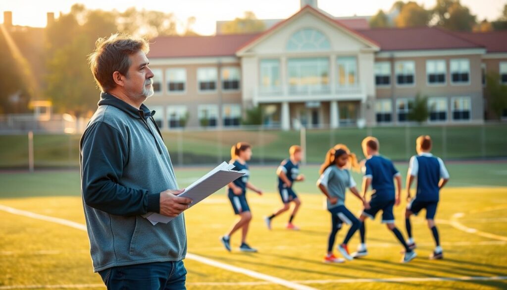 A high school sports coach stands confidently on a pristine playing field, clipboard in hand, observing a group of eager student-athletes participating in dynamic tryout drills. The coach's expression exudes a mix of determination and nurturing guidance, their gaze focused intently on the young players showcasing their skills. The scene is bathed in warm, golden afternoon light, creating a sense of hope and potential. In the background, the school's iconic architecture and lush greenery provide a familiar, welcoming backdrop, symbolizing the supportive environment that fosters the development of student-athletes. This image captures the essence of the "Tryouts and Joining" section, where the coach's role in shaping the team and cultivating school pride is paramount. A high school sports coach stands confidently on a pristine playing field, clipboard in hand, observing a group of eager student-athletes participating in dynamic tryout drills. The coach's expression exudes a mix of determination and nurturing guidance, their gaze focused intently on the young players showcasing their skills. The scene is bathed in warm, golden afternoon light, creating a sense of hope and potential. In the background, the school's iconic architecture and lush greenery provide a familiar, welcoming backdrop, symbolizing the supportive environment that fosters the development of student-athletes. This image captures the essence of the "Tryouts and Joining" section, where the coach's role in shaping the team and cultivating school pride is paramount.