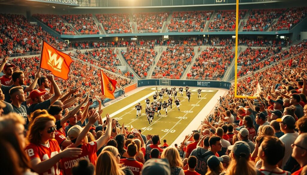 A lively crowd gathers in a bustling local stadium, the air electric with the rivalry between two beloved hometown teams. In the foreground, enthusiastic fans in team jerseys and face paint cheer and wave banners, their faces alight with the thrill of the competition. In the middle ground, the players charge across the field, their movements captured in a dynamic, high-angle shot that emphasizes the intensity of the match. In the background, the stadium's tiered seating is filled with a sea of loyal supporters, creating a sense of unity and community spirit. The scene is illuminated by warm, golden lighting that casts a nostalgic glow, evoking the timeless traditions and passions of local sports rivalries.