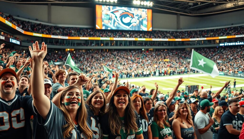 A lively crowd of local sports fans gathered in a vibrant, well-lit stadium. In the foreground, a group of enthusiastic supporters wearing team jerseys and face paint cheer loudly, their expressions filled with excitement. In the middle ground, a diverse mix of fans, from families to groups of friends, wave banners and flags supporting their beloved team. The background features the stadium's grandstands, with the team's iconic logo prominently displayed on the jumbotron, creating a sense of energy and community. The scene is captured with a wide-angle lens, emphasizing the scale and atmosphere of the event, and the lighting is warm and natural, accentuating the passion and camaraderie of the local fan base.