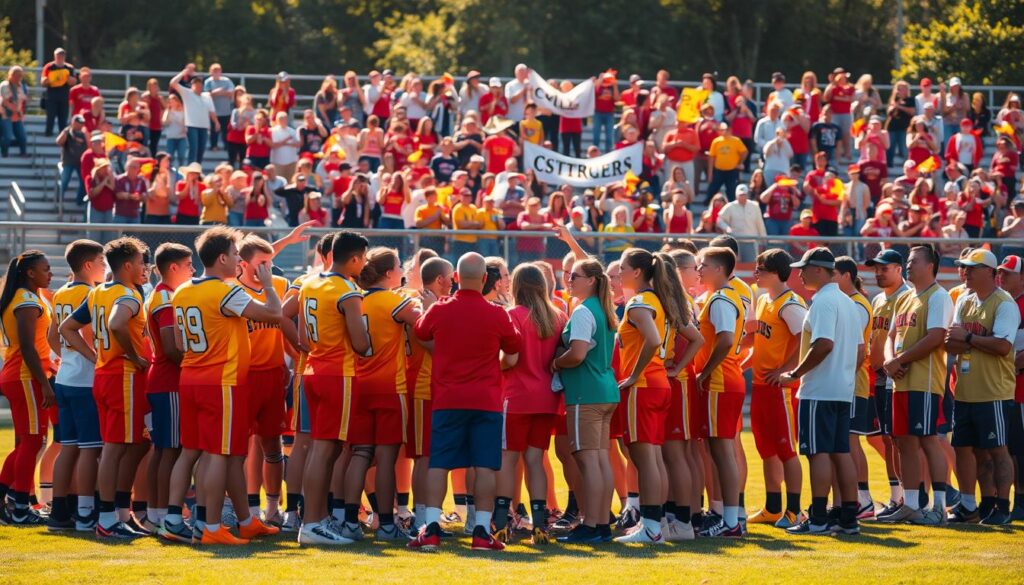 A lively high school sports team, clad in vibrant uniforms, stands together on a sun-dappled field. In the foreground, players embrace, their faces alight with camaraderie and determination. The middle ground features the team's coaches, gesturing animatedly as they strategize. In the background, a sea of enthusiastic fans waves banners and cheers, their energy palpable. Warm, golden light bathes the scene, imbuing it with a sense of celebration and unity. The overall atmosphere conveys the vital role of high school sports in fostering school spirit, teamwork, and a shared sense of community. A lively high school sports team, clad in vibrant uniforms, stands together on a sun-dappled field. In the foreground, players embrace, their faces alight with camaraderie and determination. The middle ground features the team's coaches, gesturing animatedly as they strategize. In the background, a sea of enthusiastic fans waves banners and cheers, their energy palpable. Warm, golden light bathes the scene, imbuing it with a sense of celebration and unity. The overall atmosphere conveys the vital role of high school sports in fostering school spirit, teamwork, and a shared sense of community.