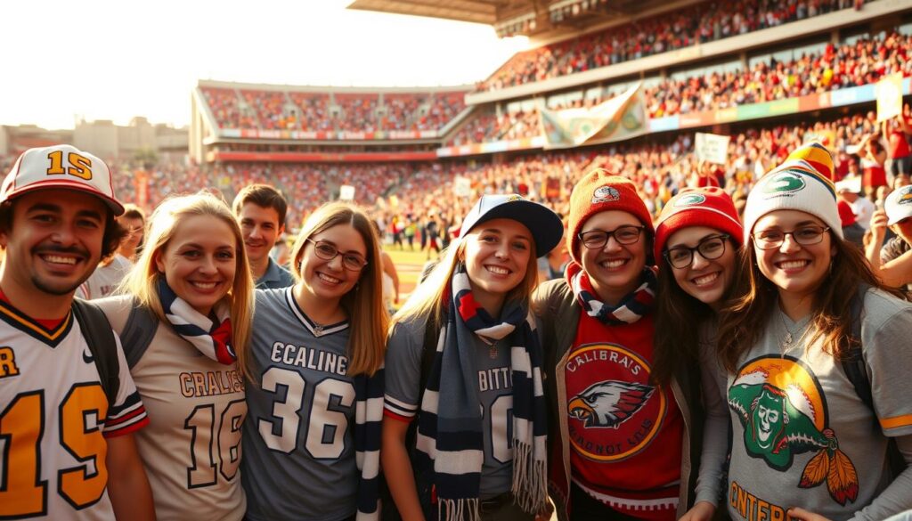A lively scene of local sports fans proudly showcasing their handmade fan gear. In the foreground, a group of friends gathers, each person wearing a custom-designed jersey, hat, or scarf, their faces beaming with excitement. The middle ground reveals a vibrant tapestry of fan-made banners, homemade signs, and intricate embroidered patches, all reflecting the team's colors and logo. In the background, a stadium or arena looms, its architecture framing the lively community celebration. Warm, natural lighting accentuates the handcrafted details, creating a sense of heartfelt passion and community spirit. The overall atmosphere exudes a palpable energy, celebrating the unwavering dedication of these devoted local fans.