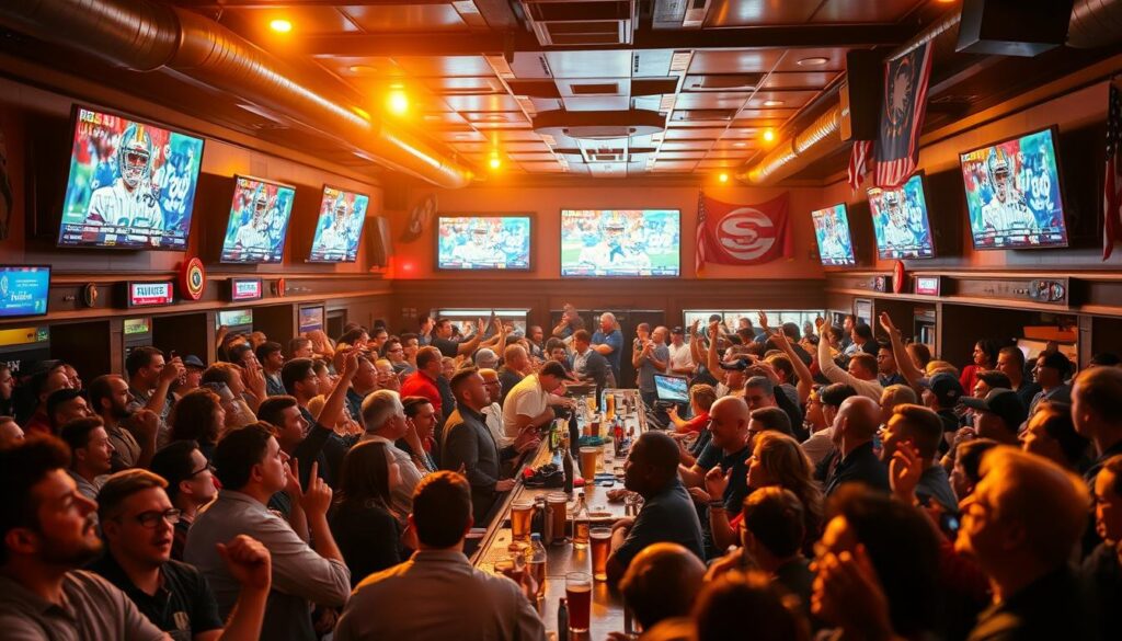 A lively sports bar filled with cheering fans, gathered to watch the big game. In the foreground, a diverse crowd of enthusiastic patrons, their faces lit by the glow of multiple large-screen TVs mounted on the walls. In the middle ground, bartenders efficiently serving up ice-cold beers and hearty pub fare, creating a vibrant, energetic atmosphere. The background showcases the bar's decor - sports memorabilia, team flags, and neon signs adding to the electrifying game day ambiance. Warm, golden lighting bathes the scene, capturing the excitement and camaraderie of sports fans coming together to share in the thrill of the moment.