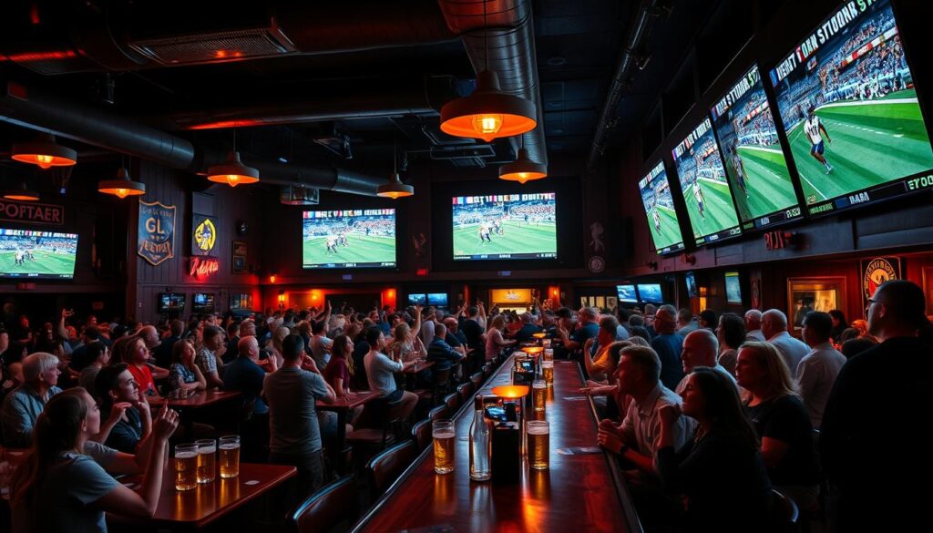 A lively sports bar filled with enthusiastic fans watching a big game on multiple large, high-definition screens. The dimly lit interior is accented by neon signs, sports memorabilia, and the glow of the screens. Patrons are sitting at wooden tables and crowding around the bar, eagerly cheering and sipping on ice-cold beers. The atmosphere is electric, with a palpable sense of camaraderie and excitement as the game unfolds. Warm, golden lighting casts a cozy, inviting ambiance, drawing the viewer into the vibrant, immersive experience of a quintessential sports bar watch party.