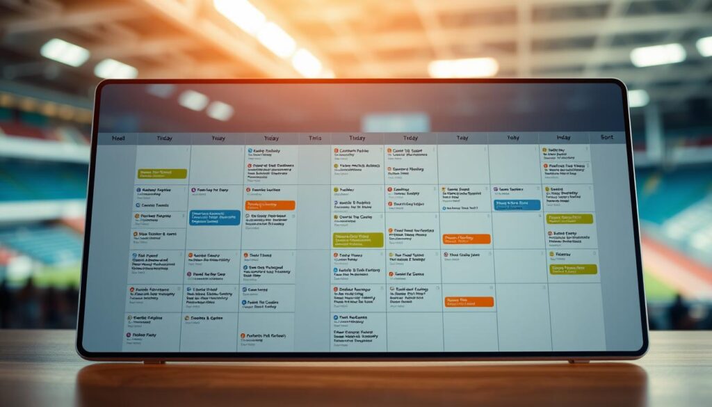 A neatly organized sports event calendar on a sleek, modern design. The foreground features a grid layout with colorful icons and clear event titles, creating a visually appealing and easy-to-navigate interface. The middle ground showcases a blurred background of a local sports stadium or field, hinting at the community-driven nature of the events. Soft, diffused lighting casts a warm, inviting glow, setting an upbeat and energetic tone. The overall composition conveys a sense of excitement and anticipation for the upcoming local sports events. A neatly organized sports event calendar on a sleek, modern design. The foreground features a grid layout with colorful icons and clear event titles, creating a visually appealing and easy-to-navigate interface. The middle ground showcases a blurred background of a local sports stadium or field, hinting at the community-driven nature of the events. Soft, diffused lighting casts a warm, inviting glow, setting an upbeat and energetic tone. The overall composition conveys a sense of excitement and anticipation for the upcoming local sports events.