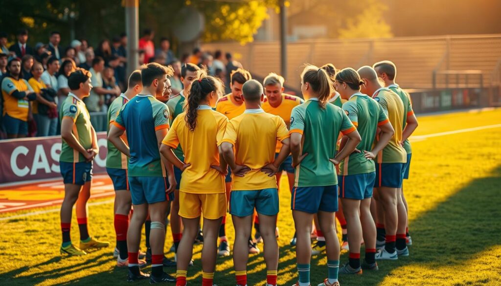 A team of athletes, clad in vibrant uniforms, stands huddled together on a lush, verdant playing field. The lighting is warm and natural, casting a golden glow over the scene. The players' faces are focused and determined, their body language conveying a sense of camaraderie and unity. In the background, the silhouettes of spectators can be seen, adding to the energy and atmosphere of the moment. The camera angle is slightly elevated, capturing the dynamic interaction of the team as they prepare for a crucial match. The overall impression is one of a close-knit group of individuals working together towards a common goal, a testament to the spirit of club sports. A team of athletes, clad in vibrant uniforms, stands huddled together on a lush, verdant playing field. The lighting is warm and natural, casting a golden glow over the scene. The players' faces are focused and determined, their body language conveying a sense of camaraderie and unity. In the background, the silhouettes of spectators can be seen, adding to the energy and atmosphere of the moment. The camera angle is slightly elevated, capturing the dynamic interaction of the team as they prepare for a crucial match. The overall impression is one of a close-knit group of individuals working together towards a common goal, a testament to the spirit of club sports.