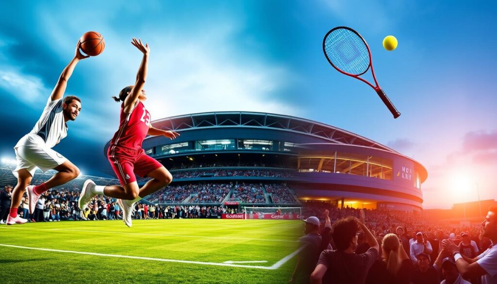 A vibrant collage of upcoming sports events near you, captured in a dynamic, documentary-style composition. The foreground features athletes in mid-action, their movements frozen in time - a basketball player soaring for a slam dunk, a soccer player dribbling down the field, a tennis player's racket poised to make contact with the ball. The middle ground showcases the lively crowds, their expressions and body language conveying the thrill of the game. In the background, the stadiums and arenas loom, their architectural details and lighting evoking a sense of anticipation and excitement. The overall tone is one of energy, community, and the shared joy of participating in or witnessing these beloved local sporting events. A vibrant collage of upcoming sports events near you, captured in a dynamic, documentary-style composition. The foreground features athletes in mid-action, their movements frozen in time - a basketball player soaring for a slam dunk, a soccer player dribbling down the field, a tennis player's racket poised to make contact with the ball. The middle ground showcases the lively crowds, their expressions and body language conveying the thrill of the game. In the background, the stadiums and arenas loom, their architectural details and lighting evoking a sense of anticipation and excitement. The overall tone is one of energy, community, and the shared joy of participating in or witnessing these beloved local sporting events.