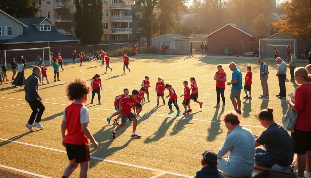 A vibrant community sports field, players of all ages engaged in various activities - a young team practicing drills, families cheering from the sidelines, coaches mentoring, volunteers organizing equipment. Warm afternoon sunlight casts long shadows, creating a sense of motion and energy. The scene exudes a spirit of camaraderie, inclusion, and the positive impact of local sports on the surrounding neighborhood. Crisp, realistic details with a slight cinematic depth of field to draw the viewer's eye through the layered composition. A vibrant community sports field, players of all ages engaged in various activities - a young team practicing drills, families cheering from the sidelines, coaches mentoring, volunteers organizing equipment. Warm afternoon sunlight casts long shadows, creating a sense of motion and energy. The scene exudes a spirit of camaraderie, inclusion, and the positive impact of local sports on the surrounding neighborhood. Crisp, realistic details with a slight cinematic depth of field to draw the viewer's eye through the layered composition.