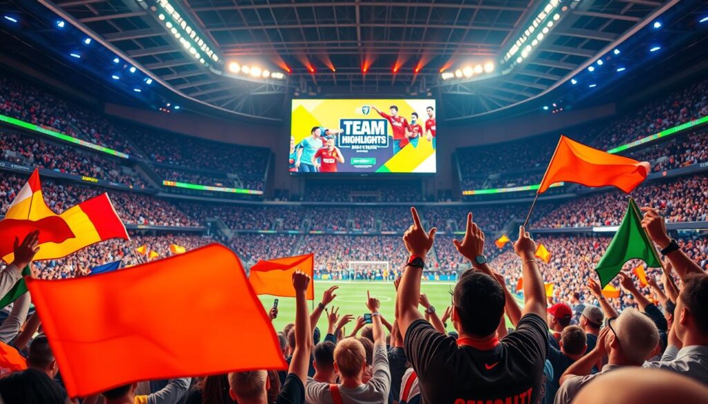 A vibrant, high-energy sports stadium scene capturing a passionate fan engagement campaign. In the foreground, enthusiastic fans wave colorful banners and flags, their faces alight with excitement. The middle ground showcases a large, dynamic video screen displaying team highlights and fan engagement prompts, illuminating the energetic atmosphere. In the background, the grand stadium architecture frames the dynamic event, with dramatic lighting and rich, saturated colors conveying a sense of anticipation and community. The overall image radiates a palpable feeling of fan enthusiasm and team spirit, perfectly capturing the essence of a successful fan engagement initiative.