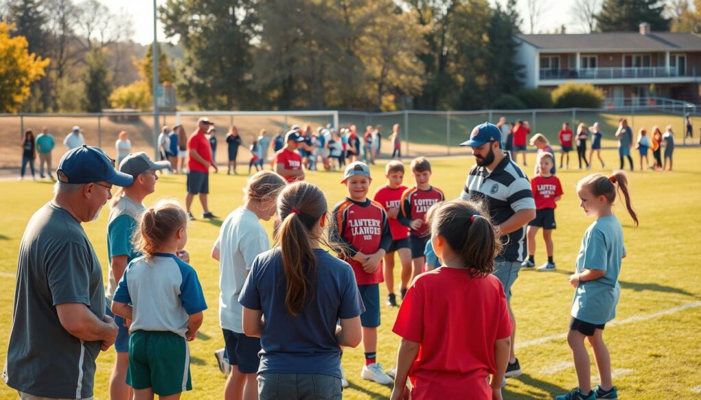 A vibrant scene of a local youth sports league, captured in warm natural lighting. In the foreground, a group of enthusiastic volunteers engage with young athletes, offering encouragement and guidance during a practice session. The middle ground showcases the diverse roles within the league, from coaches leading drills to officials monitoring gameplay. In the background, a well-maintained sports field sets the stage, with parents and spectators cheering from the sidelines, creating a sense of community and camaraderie. The overall atmosphere conveys the joy, dedication, and collaborative spirit that embodies the volunteer experience in these vital youth sports programs. A vibrant scene of a local youth sports league, captured in warm natural lighting. In the foreground, a group of enthusiastic volunteers engage with young athletes, offering encouragement and guidance during a practice session. The middle ground showcases the diverse roles within the league, from coaches leading drills to officials monitoring gameplay. In the background, a well-maintained sports field sets the stage, with parents and spectators cheering from the sidelines, creating a sense of community and camaraderie. The overall atmosphere conveys the joy, dedication, and collaborative spirit that embodies the volunteer experience in these vital youth sports programs.
