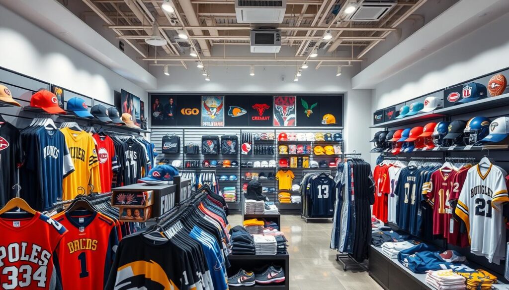 A well-lit, high-quality retail display showcasing an assortment of officially licensed sports merchandise. In the foreground, a collection of jerseys, hats, and fan apparel from various popular teams and leagues. In the middle ground, shelves and displays featuring a diverse range of accessories, collectibles, and novelty items. The background features a clean, modern store interior with bright lighting and minimalist decor, creating a visually appealing and immersive shopping experience. The overall mood is one of excitement and enthusiasm, capturing the spirit of dedicated sports fans seeking to express their team loyalty through premium, authentic merchandise.