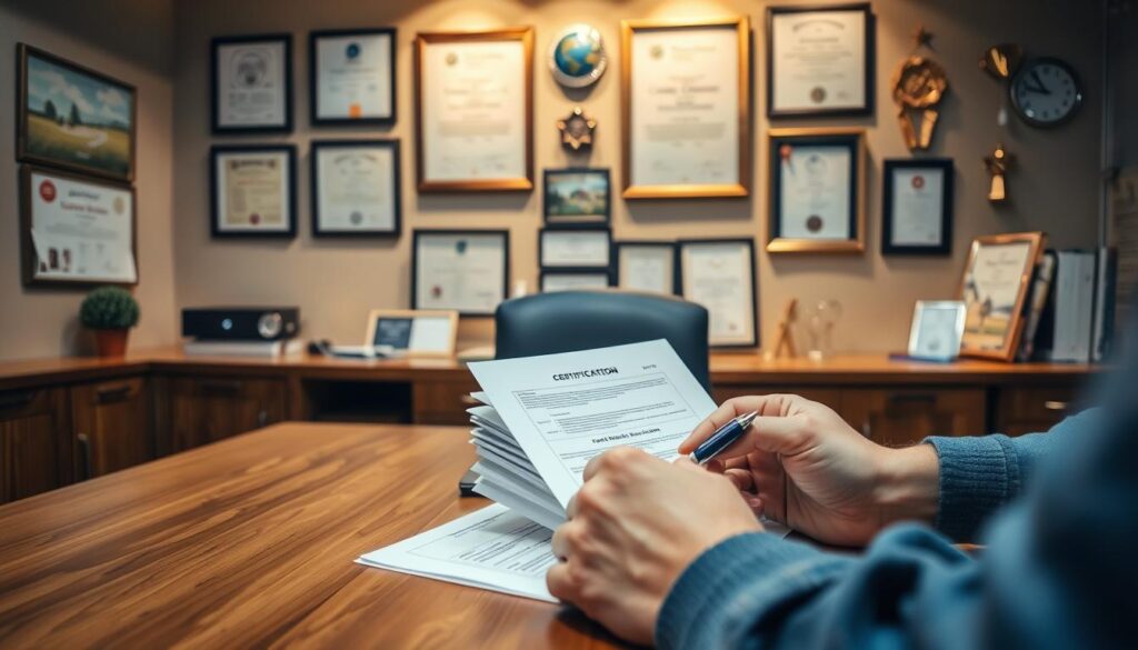 A well-lit office scene with a wooden desk, on which sits a stack of certification documents, a laptop, and a pen. In the foreground, a person's hands are filling out an application form. On the wall behind the desk, certifications and awards are displayed, illuminated by warm lighting. The overall atmosphere conveys a sense of professionalism and the steps involved in the certification process to become a qualified sports coach. A well-lit office scene with a wooden desk, on which sits a stack of certification documents, a laptop, and a pen. In the foreground, a person's hands are filling out an application form. On the wall behind the desk, certifications and awards are displayed, illuminated by warm lighting. The overall atmosphere conveys a sense of professionalism and the steps involved in the certification process to become a qualified sports coach.