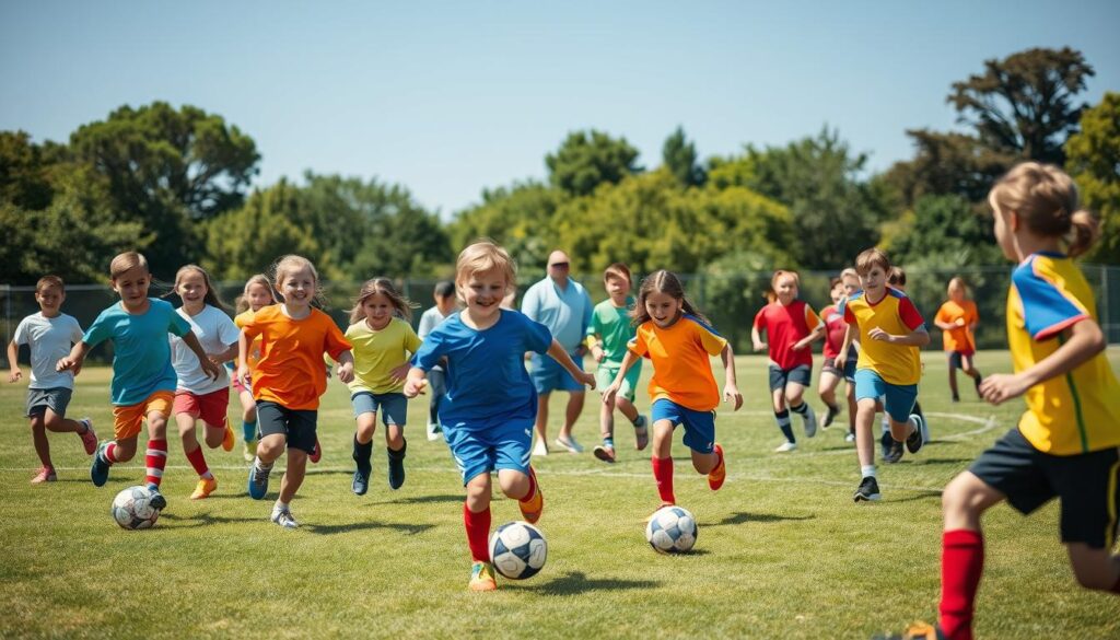 youth sports leagues - a vibrant tapestry of young athletes, their laughter and enthusiasm filling the air. A well-lit field, with players in colorful uniforms dribbling, passing, and scoring goals. In the middle ground, parents and coaches cheering them on, their faces beaming with pride. The background is a blur of greenery, trees, and a clear blue sky, creating a sense of warmth and community. The scene is captured with a wide-angle lens, conveying the energy and camaraderie of these local teams as they build bonds on and off the field.