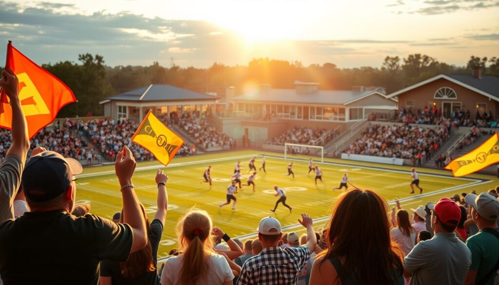 A bustling local sports event, captured under the warm glow of golden hour. In the foreground, a group of enthusiastic fans cheering and waving colorful team flags. In the middle ground, athletes competing intensely on a well-lit playing field, their movements frozen in time by a fast shutter speed. The background showcases the energy of the event, with spectators filling the bleachers and the distinct architecture of a community sports complex. The scene conveys a palpable sense of camaraderie, passion, and the unifying power of local sports.