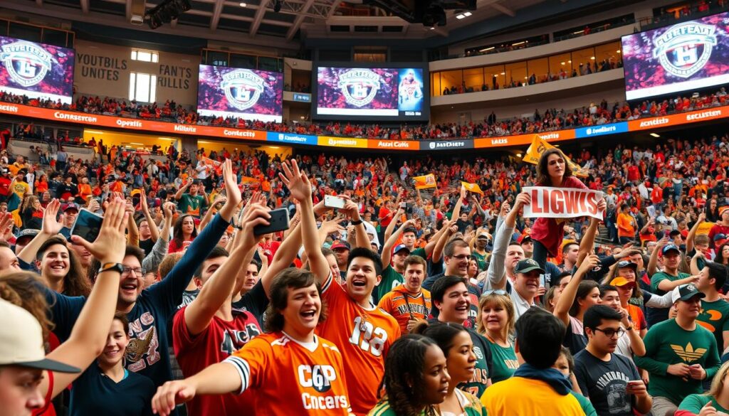 A crowded sports stadium filled with enthusiastic fans dressed in team colors, cheering and waving banners. In the foreground, a group of fans high-fiving and celebrating a game-winning play, their faces alive with excitement. The middle ground features a diverse mix of fans of all ages, some holding up smartphones to capture the moment, others engaged in lively discussions. In the background, the stadium's architecture is visible, with large screens displaying highlights and team logos, creating an immersive and energetic atmosphere. The lighting is warm and vibrant, capturing the electric energy of the event. The overall scene conveys the power of fan engagement, showcasing the passion and loyalty of the team's supporters.