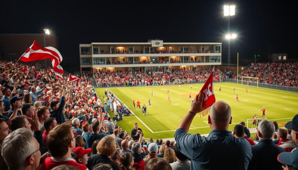 A lively crowd gathered at a local stadium, capturing the energy and excitement of a community sports event. In the foreground, fans cheer and wave team flags, their faces lit by the warm glow of the stadium lights. In the middle ground, athletes compete on a well-manicured field, their movements frozen in time by a skilled photographer's lens. The background showcases the architectural details of the venue, creating a sense of place and atmosphere. The overall scene conveys the vibrant social experience of being part of a local sports community, with vivid details that would make for engaging social media highlights.