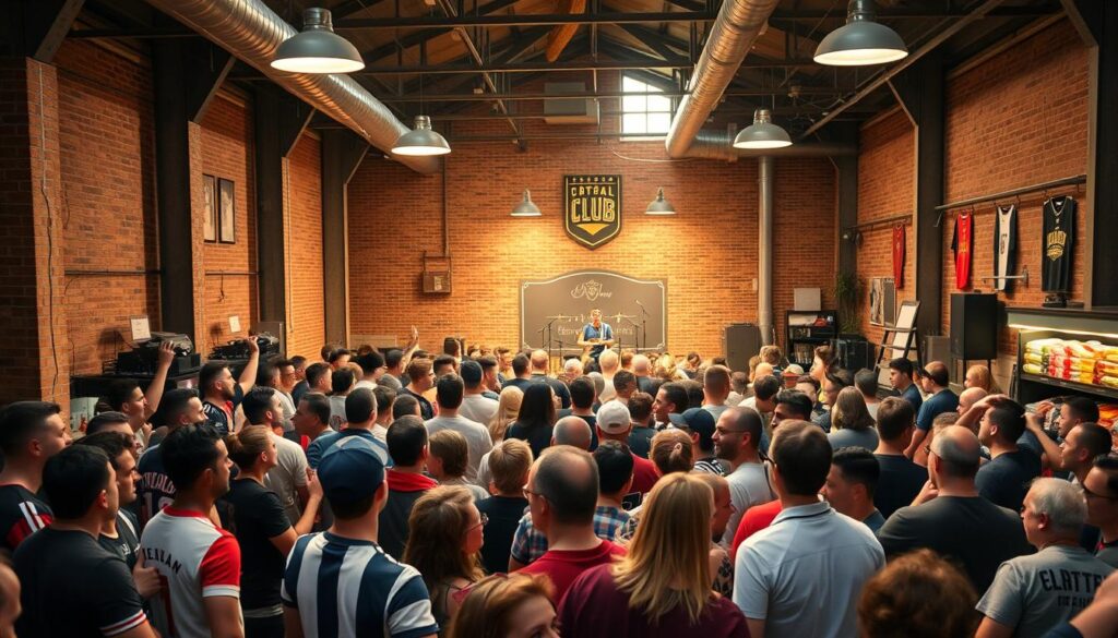 A lively crowd of sports fans gathered in a stylishly renovated industrial warehouse, the high ceilings and exposed brick walls creating an energetic atmosphere. In the foreground, a group of enthusiasts proudly display their team's colors and merchandise, excitedly discussing the upcoming game. The middle ground reveals a diverse mix of supporters, some engaged in friendly debates, others participating in interactive games and activities arranged by the club organizers. The background showcases a well-stocked merchandise stall and a stage where a local band plays the team's anthems, setting the mood for the celebratory event. Warm, diffused lighting from overhead fixtures casts a welcoming glow, capturing the sense of community and shared passion among the attendees.