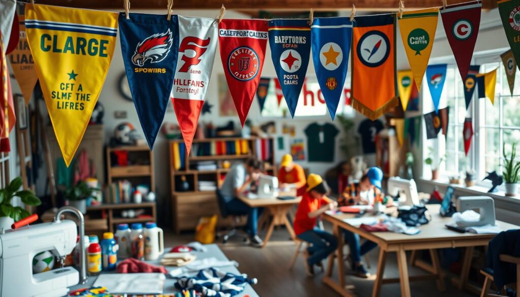 A lively home crafting scene showcasing an array of colorful, hand-made sports banners and fan gear. In the foreground, a collection of vibrant, fabric pennants and flags hang from a clothesline, each adorned with team logos, mascots, and celebratory slogans. In the middle ground, a group of enthusiastic fans gather around a long table, carefully painting and decorating customized t-shirts, hats, and face masks. The background reveals a cozy, well-lit workspace filled with art supplies, sewing machines, and other DIY tools. Natural lighting filters in through large windows, casting a warm, inviting glow over the entire scene. An atmosphere of creativity, community, and team spirit permeates the image.