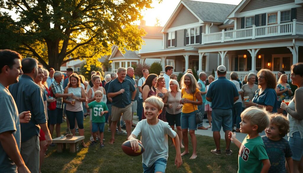 A lively neighborhood gathering with residents of all ages united in enthusiasm for a local sports watch party. Warm evening light filters through trees, casting a cozy glow on a scene of people mingling, laughing, and sharing refreshments. In the foreground, a group of children play catch, their excitement palpable. In the middle ground, adults converse animatedly, their body language conveying a sense of camaraderie. The background reveals homes with welcoming porches, hinting at the tight-knit community spirit. A wide-angle lens captures this vibrant, close-knit atmosphere, inviting the viewer to imagine themselves part of this engaging neighborhood event.