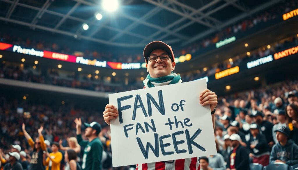 A lively sports arena filled with energetic fans, the spotlight shining on a dedicated supporter proudly displaying their team colors and holding a hand-crafted sign celebrating their "Fan of the Week" status. The crowd cheers in the background, creating an atmosphere of excitement and camaraderie. Crisp lighting illuminates the scene, capturing the joy and pride of this individual's moment in the spotlight. The camera angle is slightly elevated, providing a dynamic perspective that showcases the fan's enthusiasm and the electric energy of the event.