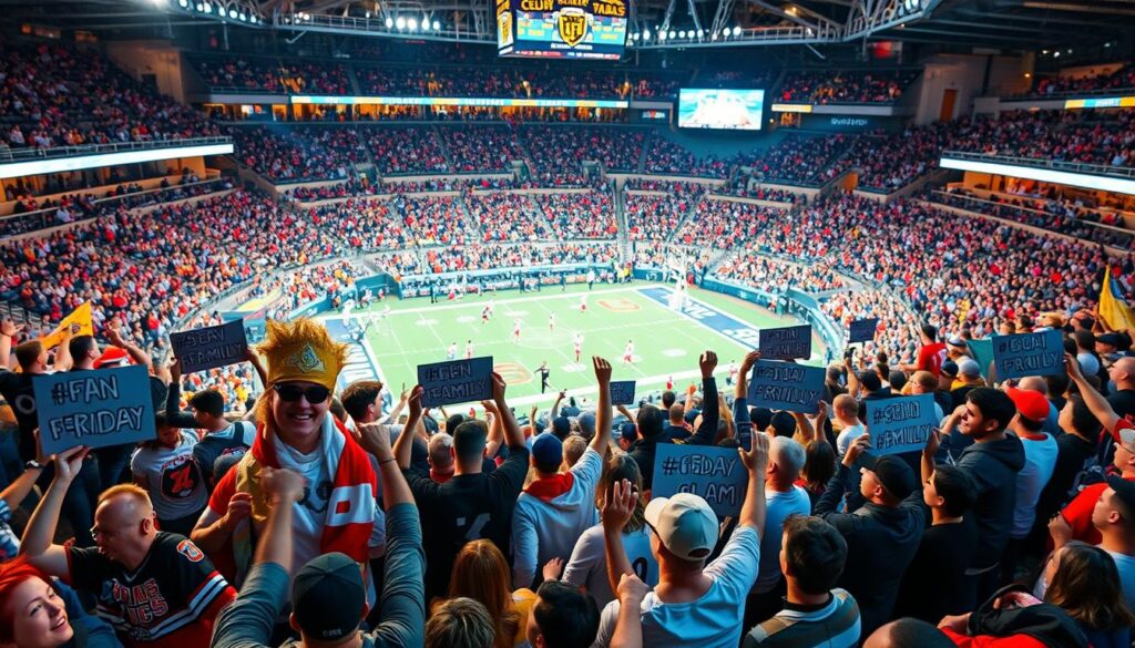 A lively sports arena with fans enthusiastically engaged in themed costumes and activities, showcasing an energetic community spirit. The foreground features a diverse crowd of spectators waving colorful pennants and placards displaying a range of themed hashtags such as #FanFriday, #SportsFamily, and #GameDayGlam. The middle ground captures the action on the field, with athletes in motion and a dynamic atmosphere. The background showcases the arena's architecture, creating a sense of grandeur and excitement. Warm, vibrant lighting illuminates the scene, capturing the festive mood and camaraderie of the sports community.