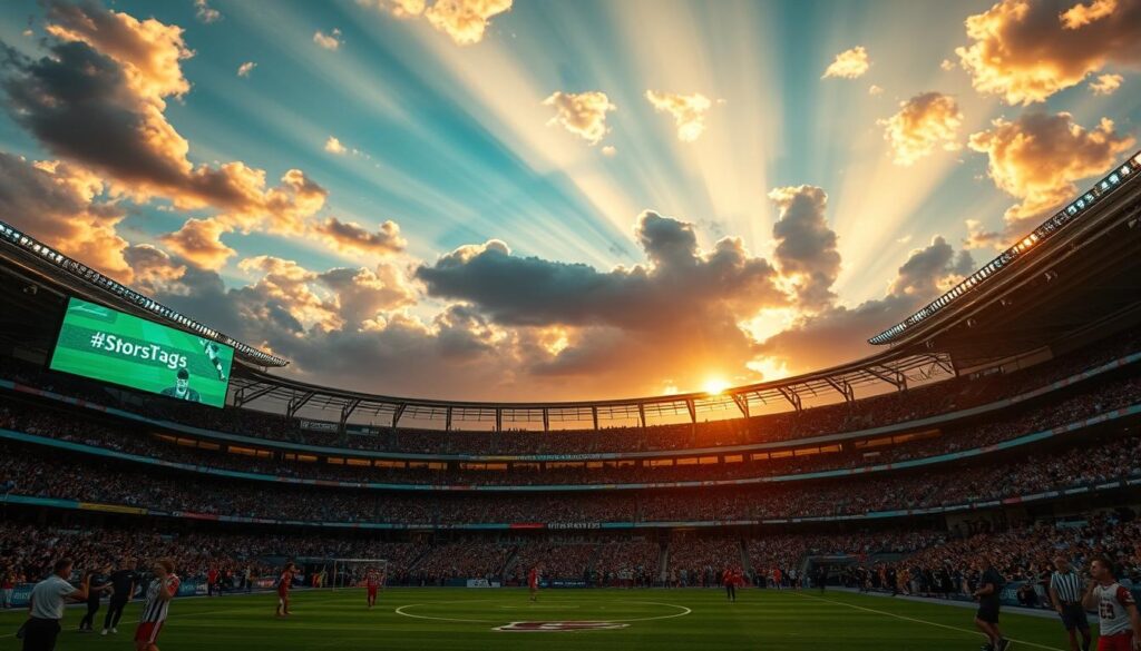 A sports stadium under a dramatic evening sky, with clouds and sunbeams casting a warm, golden glow. In the foreground, a jumble of sports-themed hashtags displayed on social media posts, some misspelled or used incorrectly, creating a sense of chaos and amateurish mistakes. The middle ground features fans and athletes engaged in lively discussions, their enthusiasm dampened by the erroneous hashtags. In the background, the stadium's architecture and the energy of the event create a vibrant, yet somewhat cluttered, scene. The lighting is a balance of natural and artificial, with a slight film grain effect to evoke a documentary-style aesthetic.