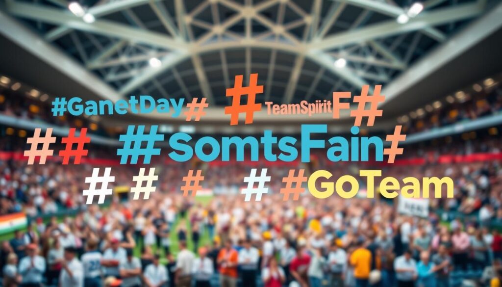 A vibrant collage of sports-themed social media hashtags, captured against a dynamic background. In the foreground, a variety of overlapping hashtags such as #GameDay, #SportsFan, #TeamSpirit, and #GoTeam float in a lively arrangement, their bold typography and vivid colors creating a sense of energy and community. The middle ground features a blurred, out-of-focus crowd of spectators, their enthusiasm and camaraderie palpable. In the background, a stadiumlike structure with clean, angular lines and bright lighting sets the stage, evoking the thrill and excitement of the sports experience. The overall composition conveys the power of social media to unite and amplify the shared passions of a diverse sports community.