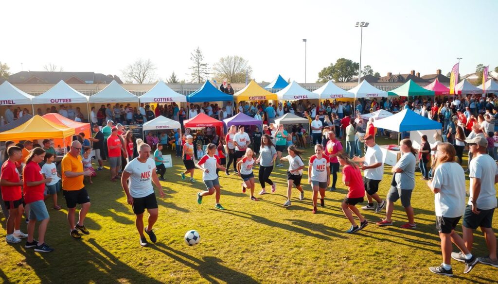 A vibrant community sports charity event, captured in a wide-angle photograph. In the foreground, a lively group of volunteers and participants engage in various athletic activities - a friendly game of soccer, a relay race, a fitness challenge. The middle ground showcases an array of colorful tents and booths, each representing a local charity or organization, offering information and ways to get involved. In the background, a bustling crowd of families and friends cheer on the athletes, creating an atmosphere of energy and camaraderie. Warm, natural lighting casts a golden glow over the scene, highlighting the sense of unity and purpose that permeates the event.