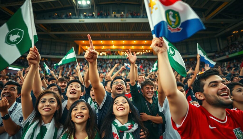 A vibrant crowd of sports fans, their faces alight with excitement, gathered in a bustling stadium. In the foreground, a group of supporters wave flags, their expressions captured in a candid, documentary-style shot taken with a wide-angle lens. The middle ground features fans high-fiving and embracing, their shared joy palpable. In the background, the stadium's architecture frames the scene, casting a warm, golden glow from carefully placed lighting. The overall atmosphere conveys the electric energy and camaraderie of a memorable fan meetup, where local sports enthusiasts come together to celebrate their passion.