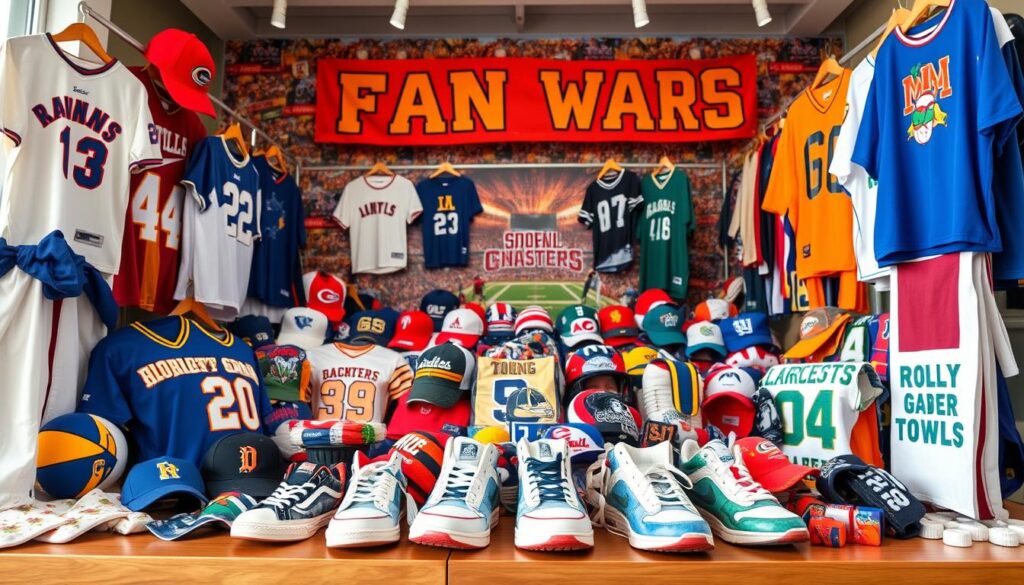 A vibrant display of homemade fan gear, showcasing the creativity and passion of local sports enthusiasts. In the foreground, handcrafted jerseys, hats, and banners are arranged artfully, each piece a unique expression of team pride. The middle ground features a diverse array of customized accessories, from painted sneakers to hand-lettered rally towels. In the background, a mural or backdrop captures the energy and excitement of the game day atmosphere, with bold team colors and dynamic patterns. Warm, natural lighting illuminates the scene, highlighting the craftsmanship and attention to detail in each DIY creation. The overall composition conveys the spirit of community, camaraderie, and the personal investment that fans pour into supporting their beloved local teams.