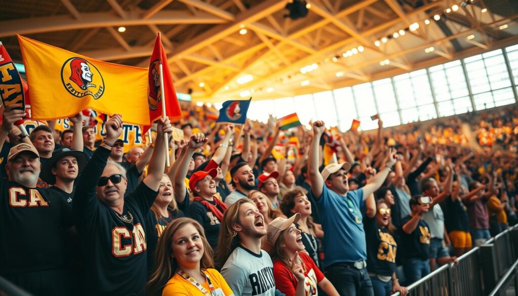 A vibrant sports arena filled with energetic fans showcasing their team spirit. In the foreground, a group of enthusiastic supporters waving colorful flags and banners emblazoned with their team's logo and mascot. In the middle ground, the crowd erupts in synchronized chants and cheers, their faces painted in team colors. The background is a blur of motion, capturing the excitement and electricity of the game-day atmosphere, with the stadium's architecture providing a dynamic, modern backdrop. Warm, golden lighting casts a sense of energy and passion, while the wide-angle lens captures the scale and scope of the celebratory scene.