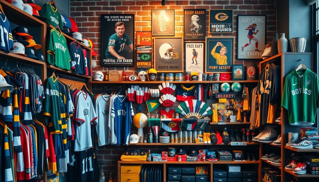A vibrant sports fan gear display, showcasing a diverse array of team merchandise arranged on stylish wooden shelves. In the foreground, an assortment of jerseys, hats, and scarves in the team's iconic colors hang neatly, inviting fans to show their allegiance. The middle ground features a collection of foam fingers, team flags, and novelty items, creating a dynamic and energetic composition. In the background, a brick wall with vintage sports posters and memorabilia provides a rustic, urban backdrop, conveying a sense of community and team spirit. Warm, natural lighting casts a cozy glow, setting the stage for an immersive fan experience.