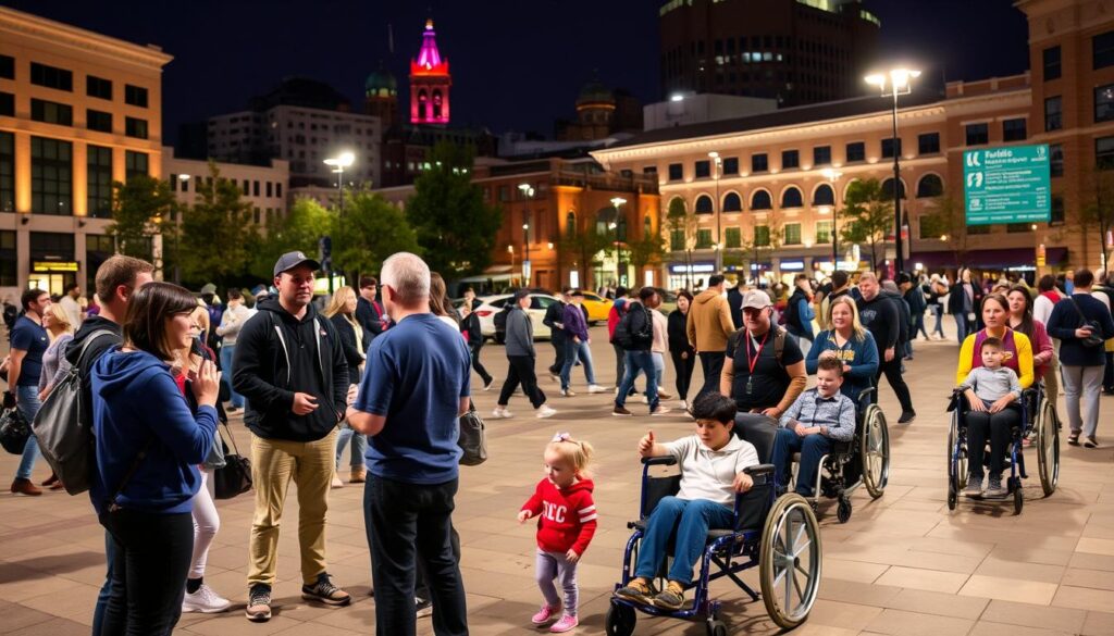 A bustling scene of a local sports fan group, gathered in a well-lit public plaza. In the foreground, a group of enthusiastic fans stand together, discussing safety strategies and accessibility measures, their expressions focused and engaged. In the middle ground, families and individuals with varying mobility needs navigate the open space, aided by clear signage and dedicated pathways. The background depicts the vibrant urban environment, with buildings and landmarks framing the scene, conveying a sense of community and civic pride. The lighting is warm and inviting, creating a welcoming atmosphere for all attendees.
