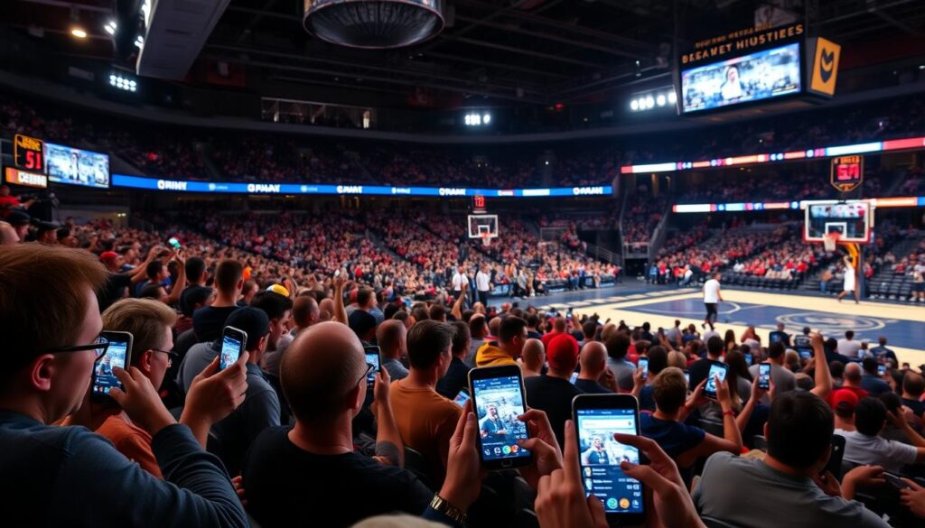 A busy, vibrant sports arena filled with engaged fans cheering and interacting on their mobile devices. In the foreground, a group of fans sharing and commenting on social media posts showcasing the game's highlights. In the middle ground, the arena's seats are packed with enthusiastic spectators, their faces lit by the glow of their screens. In the background, the court or field is visible, with players in action. The lighting is dynamic, with spotlights illuminating the crowd and a sense of energy and excitement permeating the scene. The overall atmosphere conveys the thrill of community engagement and the power of social media to amplify the fan experience.