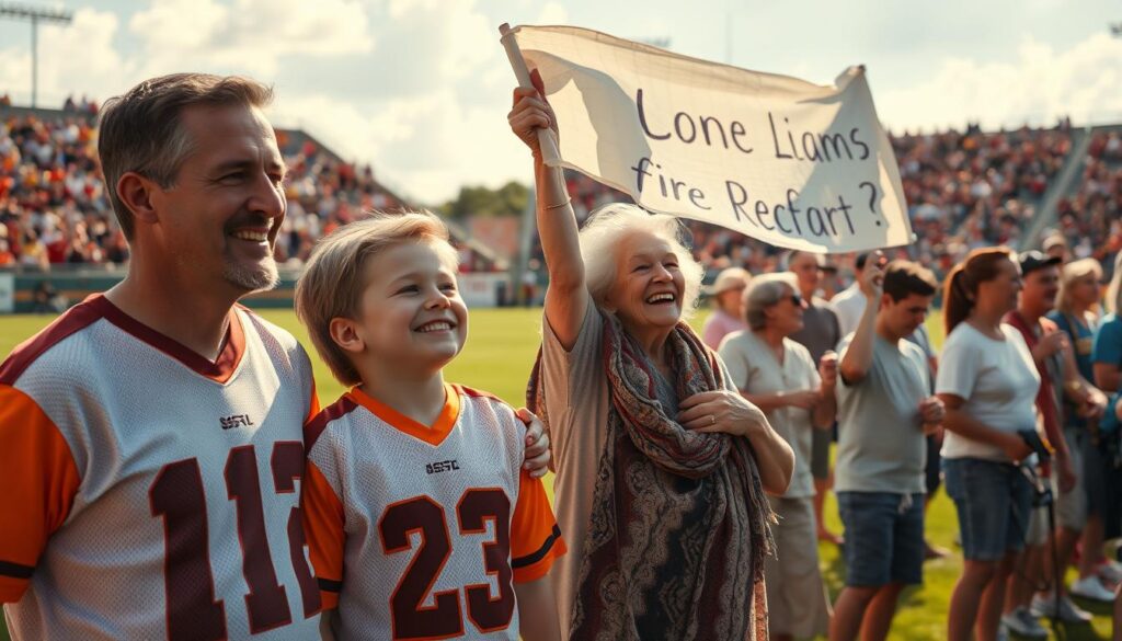A close-knit community gathered on a sun-dappled field, generations of families cheering on their local sports team. In the foreground, a father and son dressed in matching jerseys, their faces alight with pride and enthusiasm. In the middle ground, a grandmother waves a hand-crafted banner, her eyes sparkling with memories of past victories. The background depicts a sprawling landscape of lush green grass and towering stands, filled with a tapestry of faces united by their shared love of the game. Soft, warm lighting casts a nostalgic glow, capturing the timeless essence of family legacies in community sports.