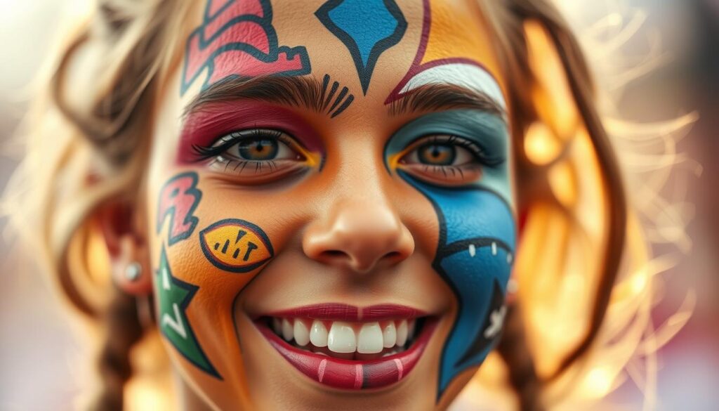 A close-up portrait of a person's face, painted with vibrant, creative DIY fan gear designs. The foreground focuses on the intricate, expressive face paint, featuring team colors, logos, and patterns that capture the spirit of local sports fandom. The middle ground showcases the subject's enthusiastic, energetic expression, conveying a sense of pride and excitement. The background is softly blurred, placing the emphasis on the detailed face paint work. The lighting is warm and natural, highlighting the textures and colors of the design. Shot with a shallow depth of field using a high-quality camera lens, creating a visually striking and immersive image that perfectly captures the essence of DIY fan gear for boosting team morale. A close-up portrait of a person's face, painted with vibrant, creative DIY fan gear designs. The foreground focuses on the intricate, expressive face paint, featuring team colors, logos, and patterns that capture the spirit of local sports fandom. The middle ground showcases the subject's enthusiastic, energetic expression, conveying a sense of pride and excitement. The background is softly blurred, placing the emphasis on the detailed face paint work. The lighting is warm and natural, highlighting the textures and colors of the design. Shot with a shallow depth of field using a high-quality camera lens, creating a visually striking and immersive image that perfectly captures the essence of DIY fan gear for boosting team morale.