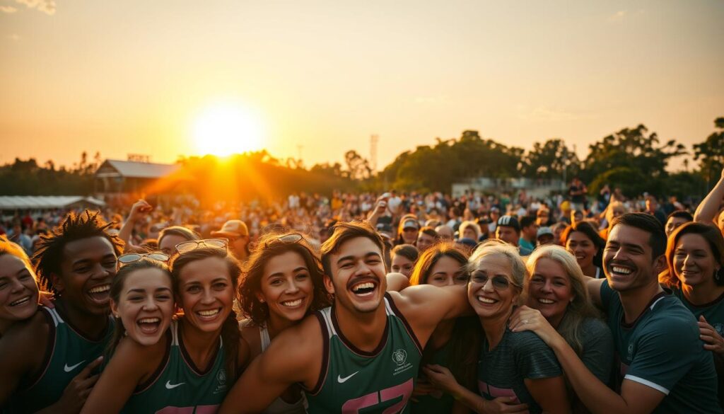 A lively community sports event unfolding under a warm, golden-hour glow. In the foreground, a group of smiling athletes and spectators celebrate a hard-fought victory, their faces radiating joy and camaraderie. The middle ground features a diverse crowd cheering and embracing, conveying a sense of unity and shared accomplishment. In the background, the vibrant setting sun casts a soft, painterly light across the scene, lending an air of inspiration and triumph. The overall atmosphere is one of inclusive, grassroots triumph - a testament to the power of sports to bring a community together.