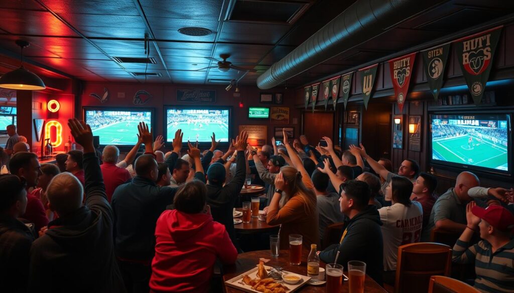 A lively crowd of sports fans gathers in a cozy local bar, cheering and high-fiving as they watch their team's big game on the large TV screens. The dimly lit space is filled with the energy and camaraderie of a close-knit community, with groups of friends huddled around tables, sharing drinks and snacks. In the background, neon signs and team pennants hang on the walls, adding a vibrant, sporty atmosphere. The scene is captured with a wide-angle lens, conveying a sense of warmth, excitement, and a strong sense of local pride and belonging.