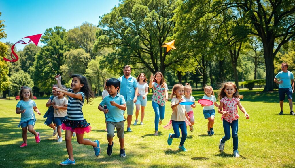A lively family-friendly outdoor scene, captured on a sunny afternoon. In the foreground, a group of children enthusiastically participate in a variety of engaging activities - playing catch, flying kites, and tossing frisbees. In the middle ground, parents and guardians cheerfully supervise, offering encouragement and guidance. The background showcases a vibrant green park setting, with towering trees and a clear blue sky overhead, creating a sense of warmth and community. The lighting is soft and natural, casting a gentle glow across the scene. The overall atmosphere evokes a spirit of togetherness, recreation, and genuine enjoyment. A lively family-friendly outdoor scene, captured on a sunny afternoon. In the foreground, a group of children enthusiastically participate in a variety of engaging activities - playing catch, flying kites, and tossing frisbees. In the middle ground, parents and guardians cheerfully supervise, offering encouragement and guidance. The background showcases a vibrant green park setting, with towering trees and a clear blue sky overhead, creating a sense of warmth and community. The lighting is soft and natural, casting a gentle glow across the scene. The overall atmosphere evokes a spirit of togetherness, recreation, and genuine enjoyment.