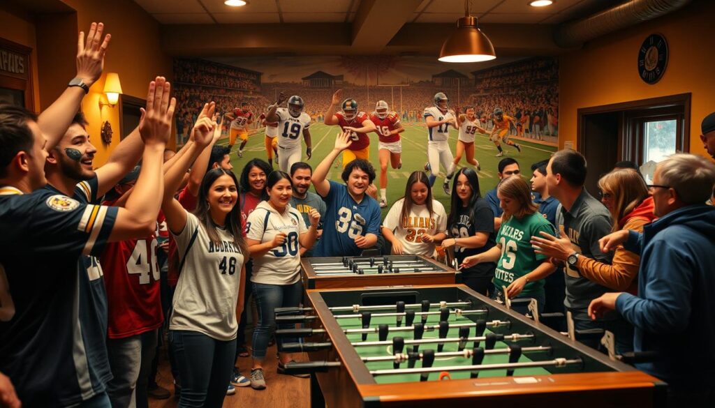 A lively group of sports enthusiasts gathered in a cozy community center, engaged in various fan activities. In the foreground, friends cheer and high-five while wearing team jerseys and face paint. In the middle ground, a spirited group plays a game of table football, their competitive energy palpable. In the background, a mural depicting iconic sports moments sets the scene, bathed in warm, golden lighting that creates a welcoming atmosphere. The overall mood is one of camaraderie, shared passion, and a sense of belonging within the tight-knit fan community.