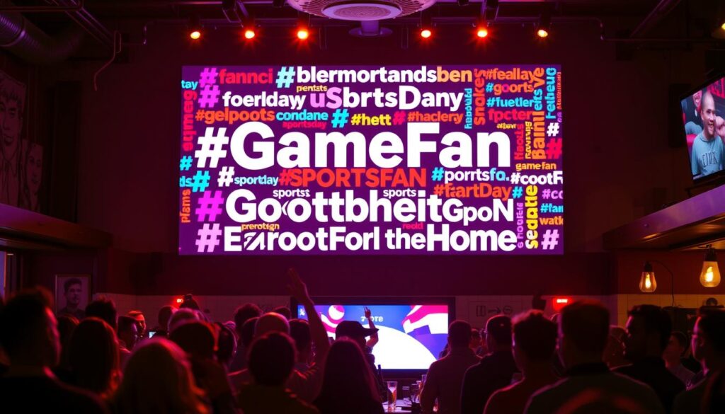 A vibrant collage of sports community hashtags displayed on a large LED screen, bathed in warm, energetic lighting. The foreground features a dynamic array of hashtags such as #GameDay, #SportsFan, #RootForTheHome, arranged in an eye-catching, visually-striking layout. The middle ground showcases the silhouettes of a lively crowd, cheering and engaging with the screen, creating a sense of shared enthusiasm and camaraderie. In the background, the interior of a cozy sports bar is visible, with subtle neon accents and a welcoming atmosphere that invites viewers to join the community and be part of the game day experience.